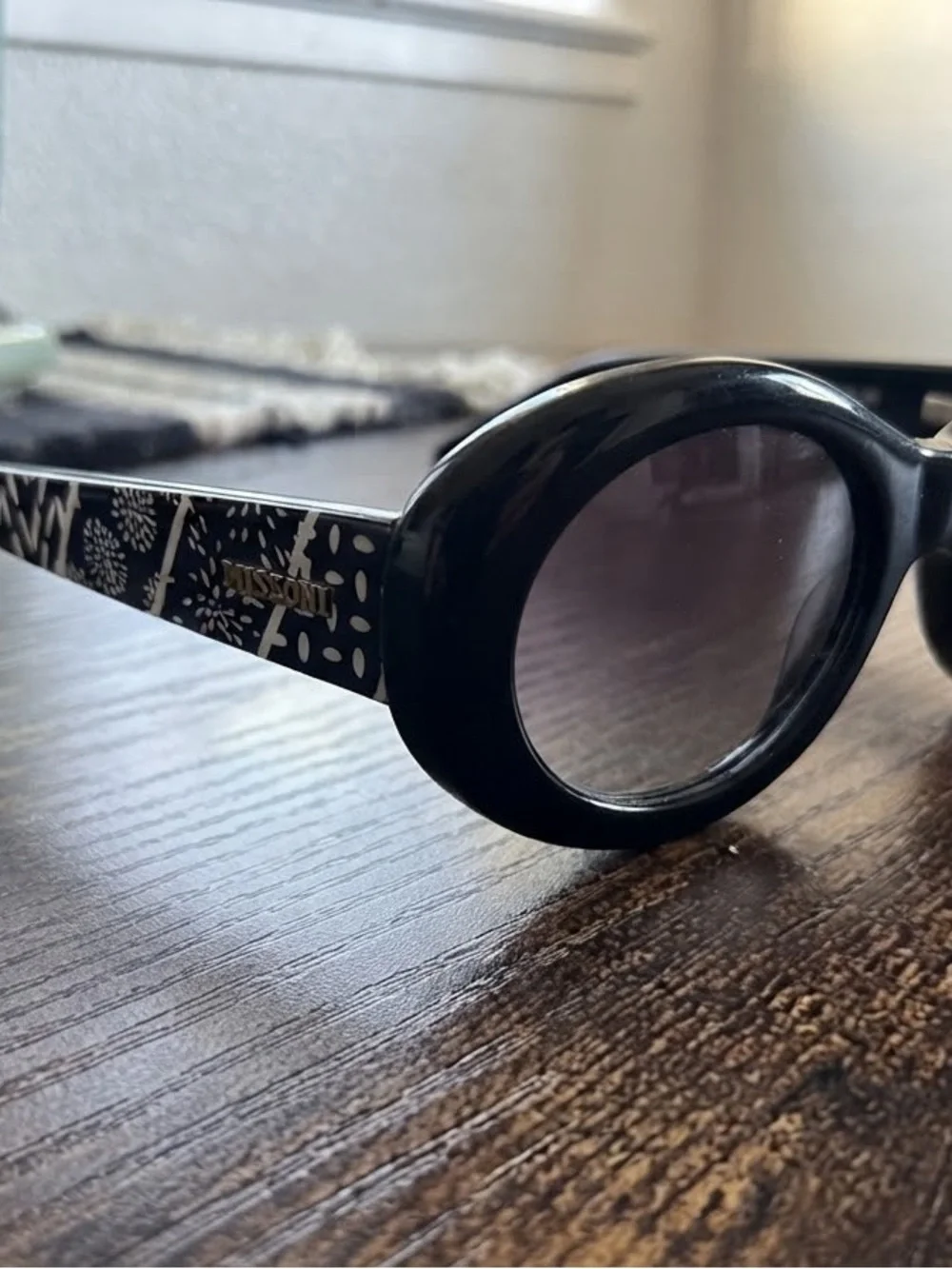 Missoni Black Oval Sunglasses with Patterned Temples